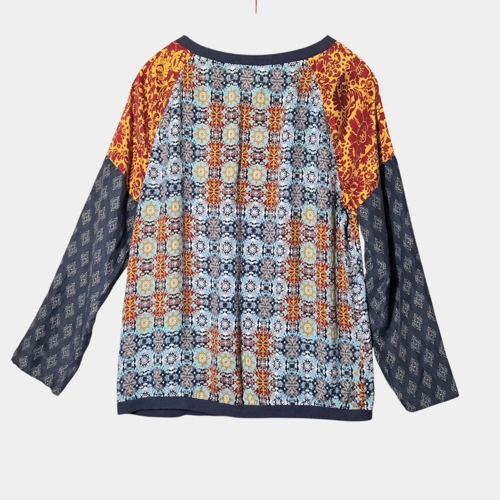 Sundance‎ Silk Long Sleeve Patchwork Blouse Top Multicolor L Fall Artsy Boho